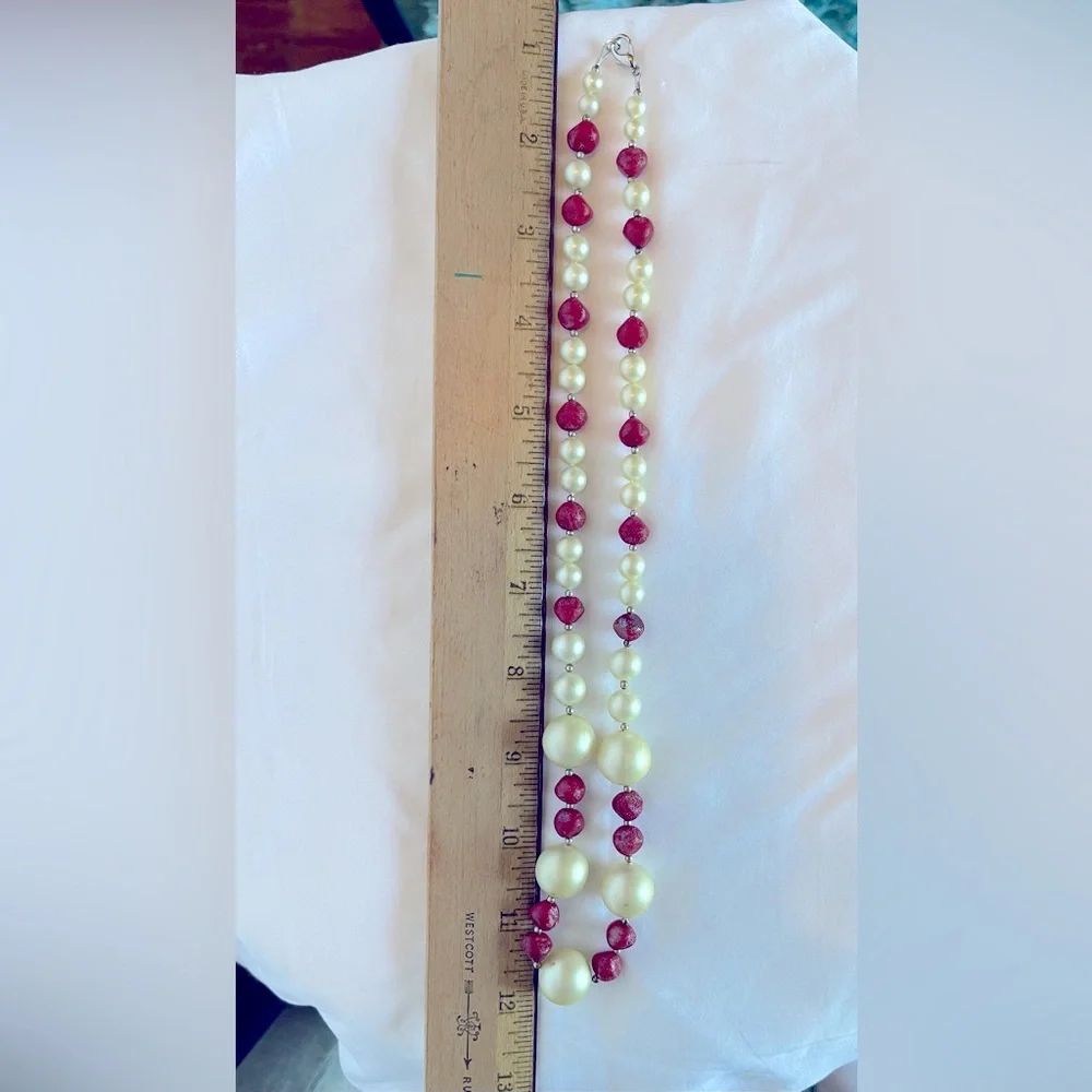 Vintage 1950’s Necklace Faux Pearl & Cranberry Colored Beads